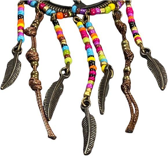 Dreamcatcher necklace blue stone in center, dangly feathers, multicolor beads - Picture 4 of 7